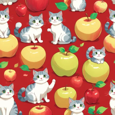 Seamless pattern cute cats and red apples

(best quality,4k,8k,highres,masterpiece:1.2),ultra-detailed,(realistic,photorealistic,photo-realistic:1.37), colorful, playful, vibrant, cute cats, red apples, seamless pattern, adorable expressions, fluffy fur, b...