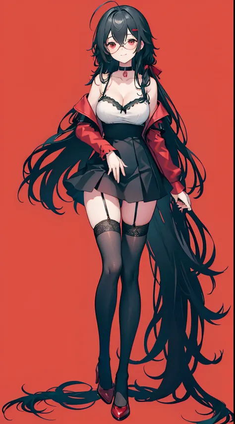 1girl, breasts, dress, red choker, long hair, black hair, solo, thighhighs, official alternate costume, cleavage, red eyes, unde...