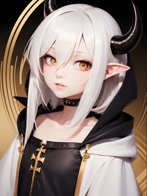 (best quality, short hair with long locks),black horns,golden eyes,pointy ears,white hoodie,flat chest,detailed facial features,dark background,sharp focus