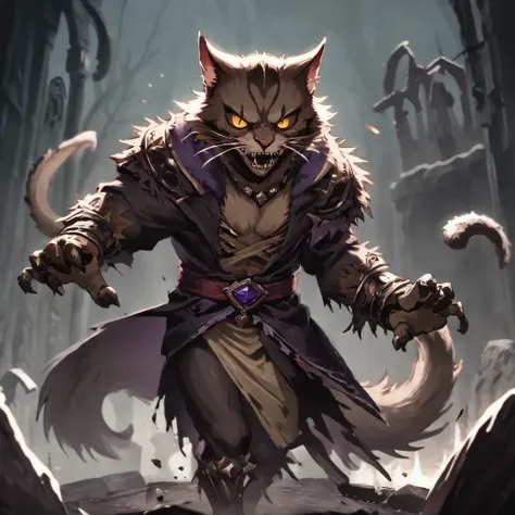 Khajiit, dark fur, tattered clothing and bronze gloves, bones showing through fur, nightmare-fuel, undead, graveyard, creepy, reaper, masterpiece, best quality