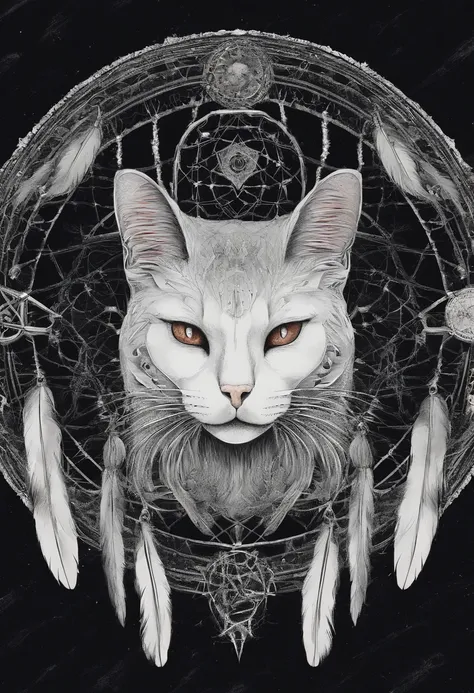 （White cat in circle of colorful dream catchers），olhos amarelos，"Design de camiseta com silhueta circular do rosto do gato, crescente, e estrelas no