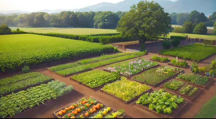 a farm full of vegetables and fruit trees