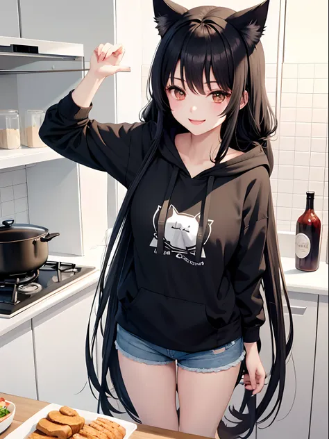 1 girl, wearing hoodie & shorts, beautiful & pale skin, perfect body figure & normal breast 1:3, smiling, long black hair, cat ears, Neko style, cooking in the kitchen