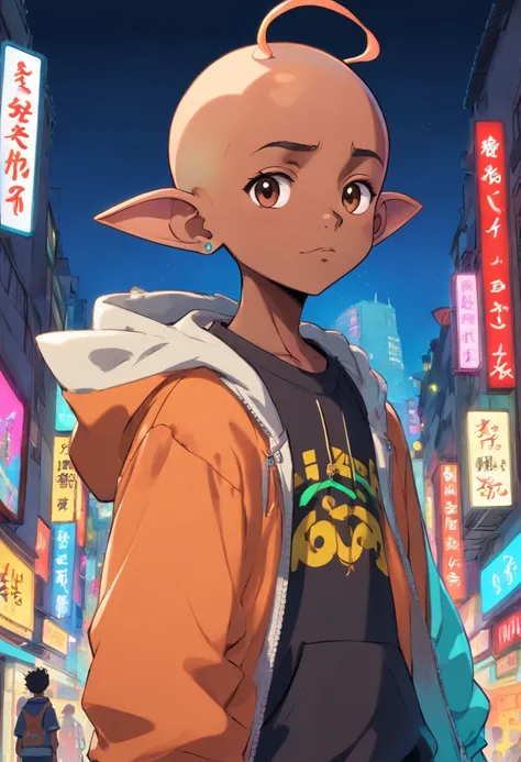 Batboy Boy, (Pointy Ears Caramel Brown skin Black boy moor, Bald Hairstyle::8 ), Streetwear, Full Slime Body, colors neon, risa loca, malvada, Hair::-10