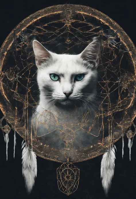 （White cat in circle of colorful dream catchers），olhos amarelos，"Design de camiseta com silhueta circular do rosto do gato, crescente, e estrelas no