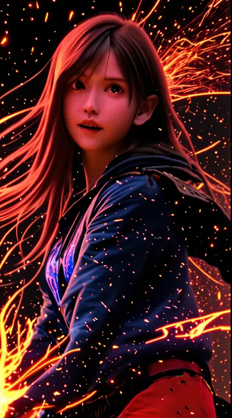 Girl playing with fire, ablaze with intensity, Glowing embers, Swirling smoke, Mesmerizing action, Flowing red hair, sparks flying, Fearless expression, Dark background, Intense lighting, Fiery atmosphere, dynamicposes, Dangerous beauty, Fascinating energy...