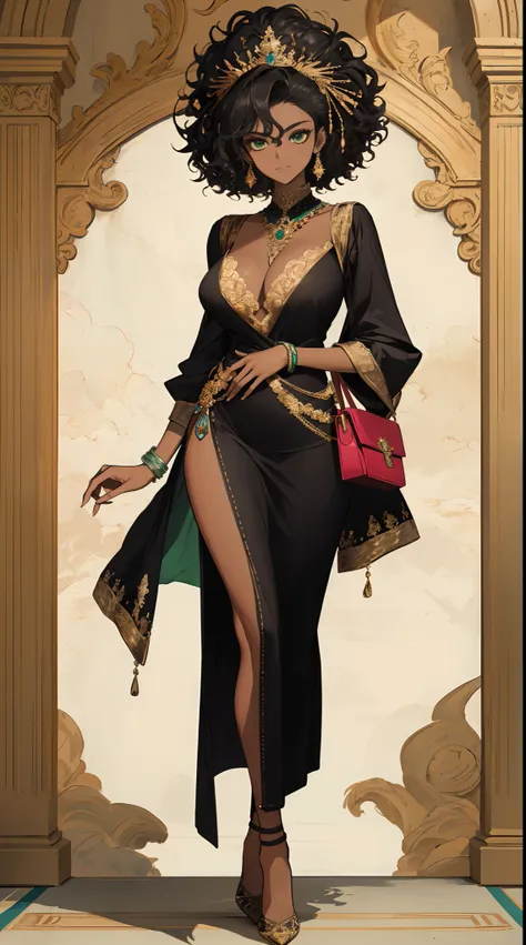 (Masterpiece, hiquality, absurdress) 1Woman, black hair, curly hair, Afro-curly hair, Green eyes, a perfect face, the perfect body, big breastes, short stature, very dark skin, Hindu woman, 独奏, ((Best Quality)), ((Masterpiece)), (Detailed:1.4), Detailed ey...