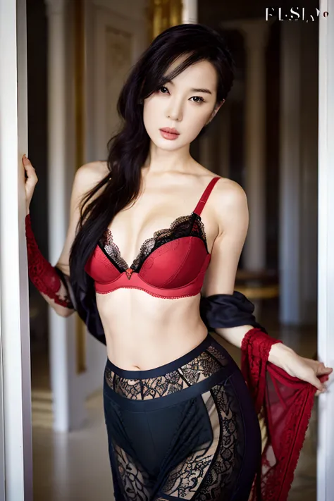 Woman in red underwear，middle aged women，Wear only underwear，Lace lingerie big breasts，thin shoulder strap，Flat belly，bare stomach，Underwear separation，Faraway view，realisticlying，Close-up of bra with red lace pattern, push-up underwire. Intricate, elegant...