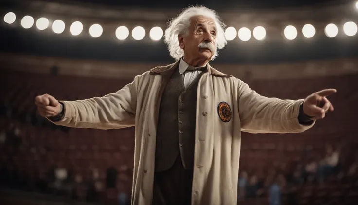 Albert Einstein, basketball player outfit, inside the stadium, full length photo, looking forward, hands pointing forward, picture type cinematic, full HD size