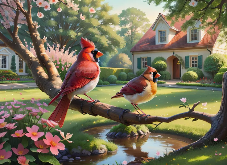 painting of two cardinals sitting on a tree branch in a garden, springtime morning,spring evening, peaceful scene, summer afternoon, american scene beautiful scene, elegant scene,by artist