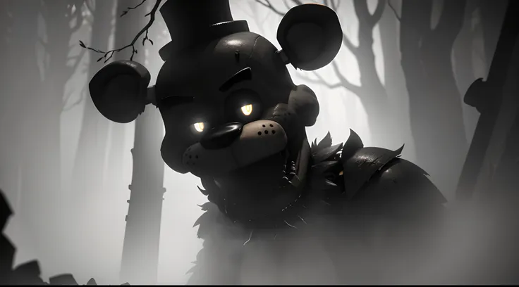 a,dark,forest,freddy fazbear,epic scene,freddy fazbear focus,up close angle,horror,haunting,ominous,spooky,menacing,foggy,misty,...