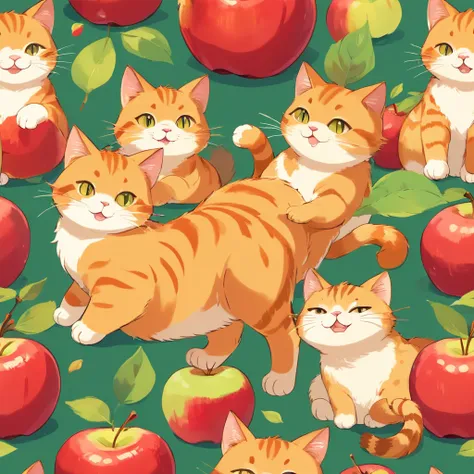 Seamless pattern cute fat orange cats and red apples

(best quality,4k,8k,highres,masterpiece:1.2),ultra-detailed, colorful, playful, vibrant, cute cats, red apples, seamless pattern, adorable expressions, fluffy fur, bright red color, juicy apples, repeti...