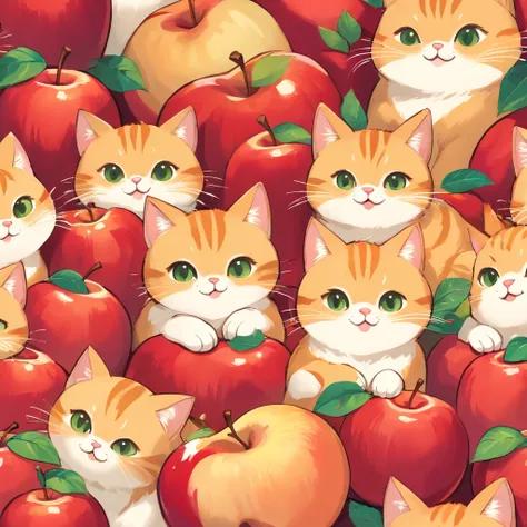 Seamless pattern cute fat orange cats and red apples

(best quality,4k,8k,highres,masterpiece:1.2),ultra-detailed, colorful, playful, vibrant, cute cats, red apples, seamless pattern, adorable expressions, fluffy fur, bright red color, juicy apples, repeti...