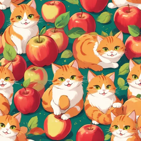 Seamless pattern cute fat orange cats and red apples

(best quality,4k,8k,highres,masterpiece:1.2),ultra-detailed, colorful, playful, vibrant, cute cats, red apples, seamless pattern, adorable expressions, fluffy fur, bright red color, juicy apples, repeti...