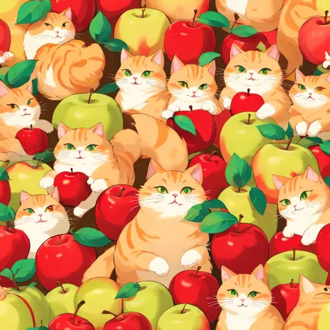 Seamless pattern cute fat orange cats and red apples

(best quality,4k,8k,highres,masterpiece:1.2),ultra-detailed, colorful, playful, vibrant, cute cats, red apples, seamless pattern, adorable expressions, fluffy fur, bright red color, juicy apples, repeti...