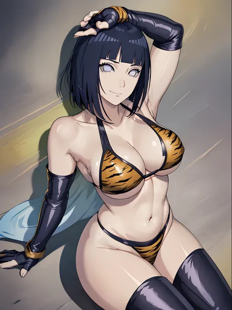 (4k, no angle view, portrait, best quality, cowboy shot), (ultra detailed body, curvy), ((solo, 1 girl)), anime style, hires, ((white background)), (hinata(boruto), (female wrestler), (slender body, broad shoulders), (mature woman, milf), (tigress, micro b...