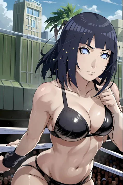 (ultra detailed body, ultra detailed face), solo, anime style, hires ((pro wrestling arena, pro wrestling match, crowd watching)), (hinata(boruto), (female wrestler), (slender body), mature woman, milf, (black bikini, ultra detailed pro wrestling gear), vi...