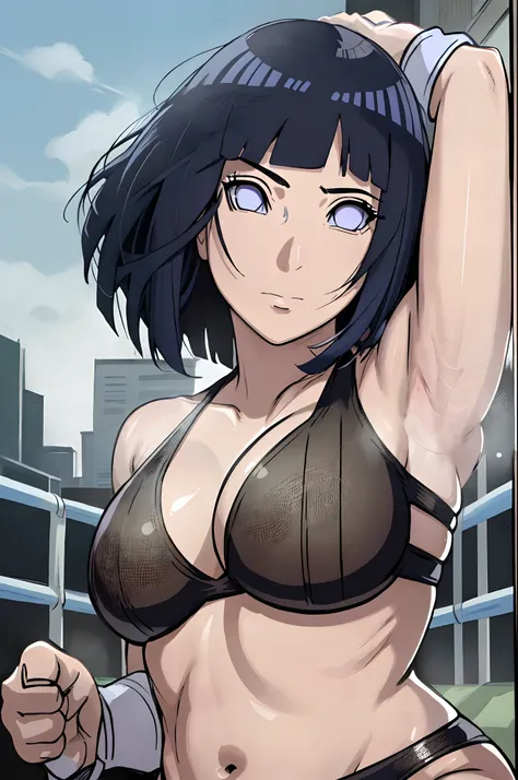 (ultra detailed body, ultra detailed face), solo, anime style, hires ((pro wrestling arena, pro wrestling match, crowd watching)), (hinata(boruto), (female wrestler), (slender body), mature woman, milf, (black bikini, ultra detailed pro wrestling gear), vi...