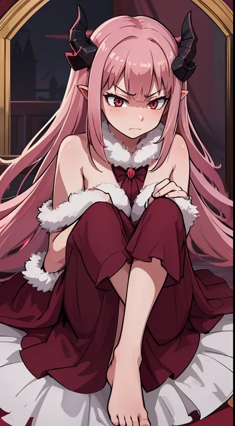 hiquality, tmasterpiece (One Demon Girl). horns demon. long pink unkempt hair. frowning arrogant face. red-eyes. The clothes: Red noble gothic dress with fur. bare feet. In the background of a gloomy dark castle.