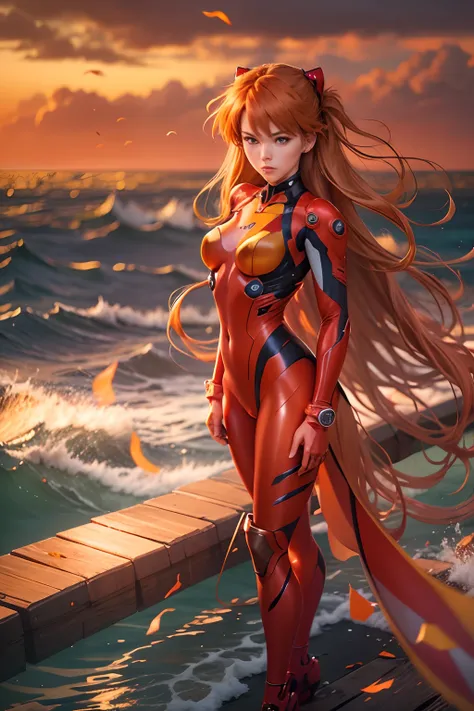 Asuka Langley,adult version,Evangelion body suit,30-year-old,ocean backdrop,vibrant colors,brilliant sunset lighting,wind blowing through her hair,confident pose,strong facial expression,intense gaze,elegant and powerful,graceful posture,high-quality digit...