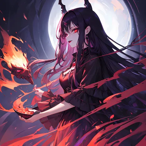 Woman, long dark purple hair, red eyes with a bright light, black long dress, witch, silver jewelry in the shape of ribs, metal mask on half of the face, black lipstick