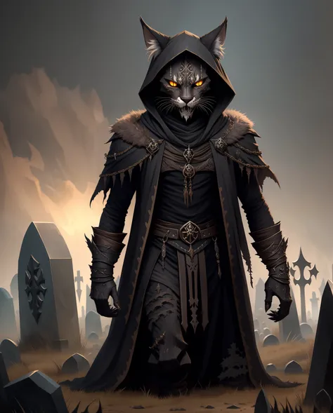 Khajiit, dark fur, tattered clothing and bronze gloves, bones showing through fur, nightmare-fuel, undead, graveyard, creepy, reaper, masterpiece, best quality