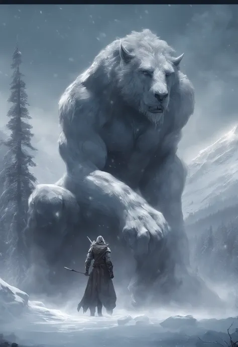 Estilo nordico，Nordic mythology，YMIR, Cuerpo gigante，Musculoso, Vestimenta nordica, Gigantesco，Fondo congelado， gigante de hielo, cuerpo completo, Shot Type: Wide shot Style: Hyper-Realistic, Photo realism, cinematography --ar 9:16