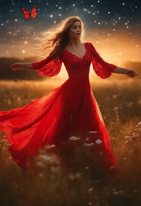 portrait of a girl in the red very long dress is dancing in a field with glowing flowers, stars, butterflies, grass realism, beautiful lighting, magic, fantasy of silver time, photograph, night time .