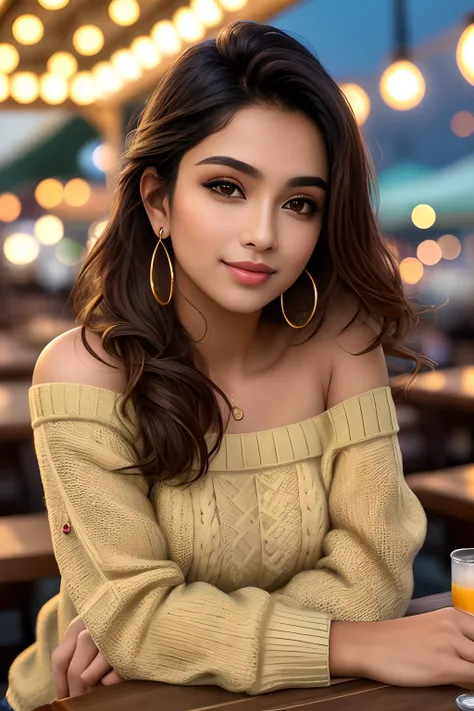 Photo by (SH0HREH:0.99), a beautiful indian woman 24 years old long brown hair, large brown eyes, ponytail, full lips, dimples, portrait, enlarged close-up in tight crop portrait, sitting at a (table on a seaside boardwalk café bar drinks cocktails:1.2) we...