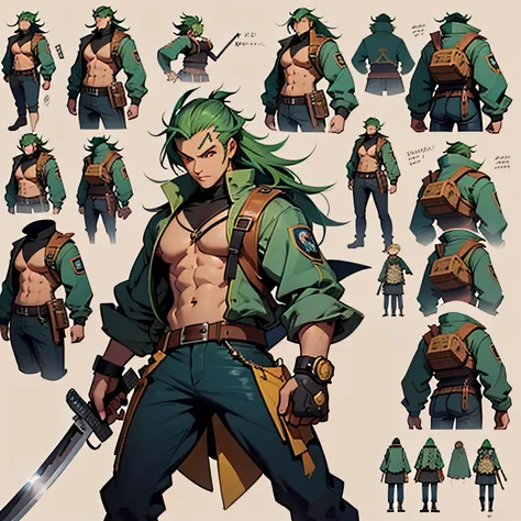 mtu，Long green hair，Red eyeballs，k hd，HighestQuali，A close-up of a man in a katana costume，（（concept art of character）），((character design sheet、Same role、frontage、Lateral face、on  back))Character art for Maple Story，video game characters designs，video gam...