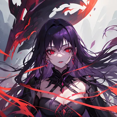 Woman, long dark purple hair, red eyes with a bright light, black long open dress, witch, silver jewelry in the shape of ribs, metal mask on half of the face, black lipstick