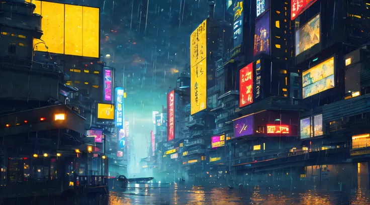 Fondo de patalla de una ciudad neopunk CON UN MECHA DE FONDO por la noche cultura japonesa letreros luminosos,farolas con lus amarilla tenue y el piso mojado por la lluvia estilo gimbli anime