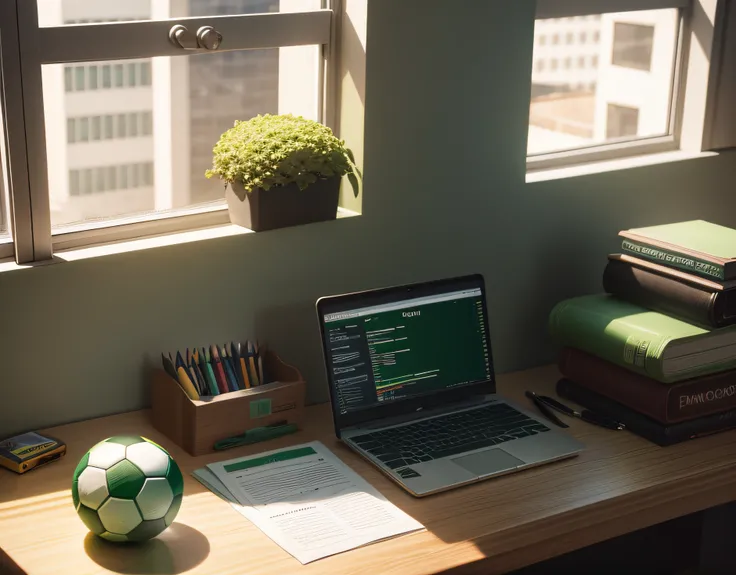 bola de futebol verde junto com calculadora, pens and office supplies on top of desk in financial office room illuminated by natural sunlight from glass window