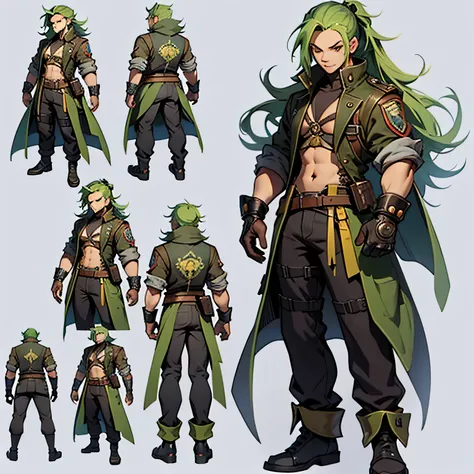 mtu，Long-haired man，Green hair，Red eyeballs，heroic look，A close-up of a man in combat clothing，（（concept art of character）），((character design sheet、Same role、frontage、Lateral face、on  back))Character art for Maple Story，video game characters designs，video...