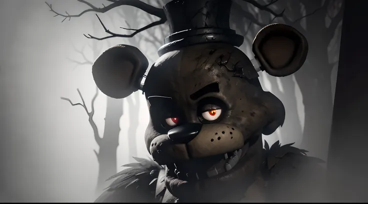 a,dark,forest,freddy fazbear,epic scene,freddy fazbear focus,up close angle,horror,haunting,ominous,spooky,menacing,foggy,misty,...