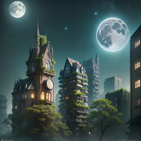 "(((Enchanting+Romantic) Cityscape)), ((Organic Materials+Vegetation-Covered Buildings)), ((Mysterious+Otherworldly+Moonlit+Gleaming)). (High Resolution+Detailed+Beautiful)." --auto --s2