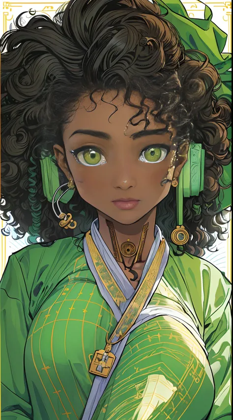 ((Masterpiece, hiquality, absurdress) 1Woman, black hair, curly hair, Afro-curly hair, Green eyes, a perfect face, the perfect body, big breastes, short stature, very dark skin, Hindu woman, 独奏, ((Best Quality)), ((Masterpiece)), (Detailed:1.4), Detailed e...