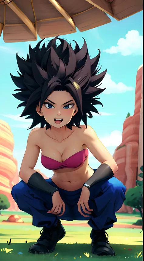 caulifla agachada, crouched down caulifla crouched looking at the viewer with tongue out