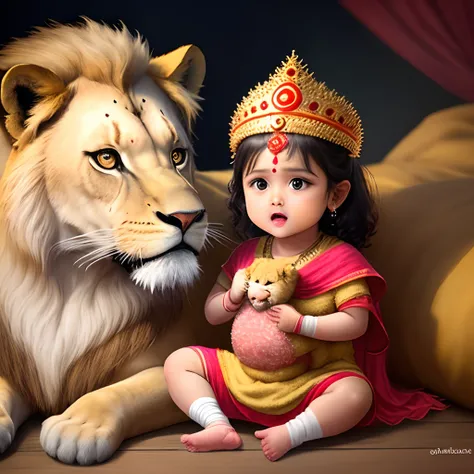 Make durga maa as a baby with a baby lion