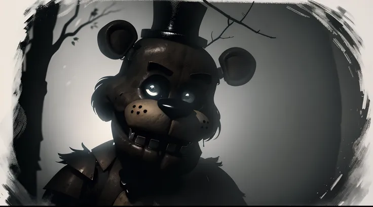 a,dark,forest,freddy fazbear,epic scene,freddy fazbear focus,up close angle,horror,haunting,ominous,spooky,menacing,foggy,misty,...