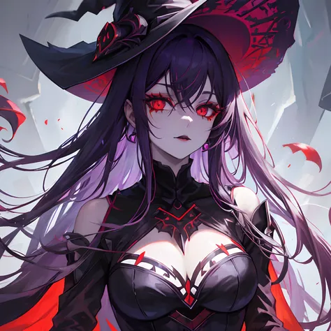 Woman, long dark purple hair, red eyes with a bright light, black long open dress, witch, silver jewelry in the shape of ribs, metal mask on half of the face, black lipstick