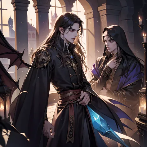 Castlevania Lord of the shadows hyper realistic super detailed Dynamic shot master piece scene cinématique scènes movie Epic Legendary Lord Dracula talking to his Islamique marocain princesse glowing crystal eyes hyper realistic super detailed