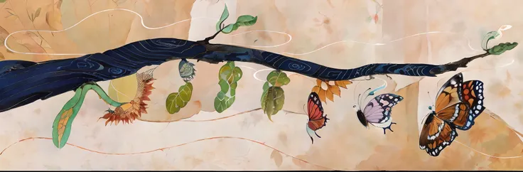 There are many butterflies of different colors hanging from a branch, stylized digital illustration, chrysalis, borboletas e vermes, concept illustartion, digital illustation, color digital illustration, transformation scene, detailed digital illustration,...