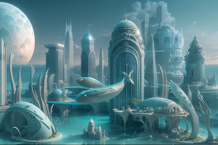 An ancient Biomorphic City Sea in the moonlight, ethereal creatures swimming among translucent skyscrapers, a surreal, dreamlike quality, portrayed as a 3D sculpture with intricate details and soft, diffused lighting