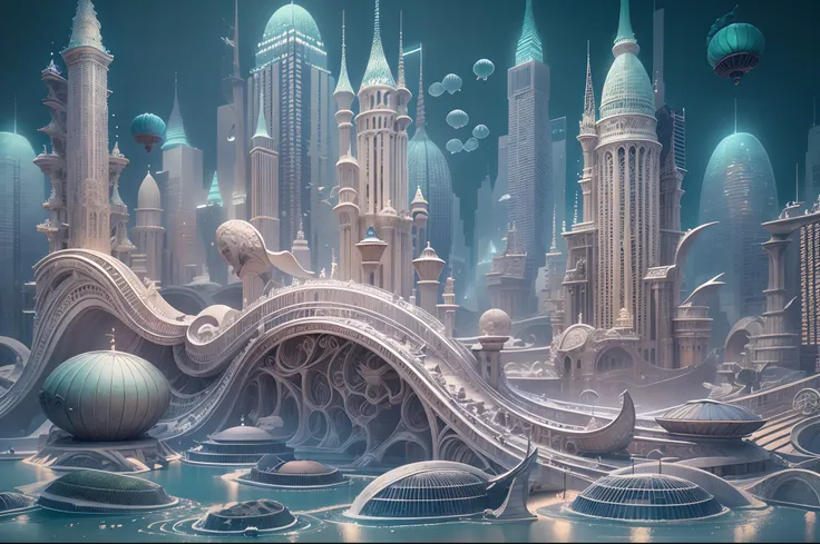 An ancient Biomorphic City Sea in the moonlight, ethereal creatures swimming among translucent skyscrapers, a surreal, dreamlike quality, portrayed as a 3D sculpture with intricate details and soft, diffused lighting