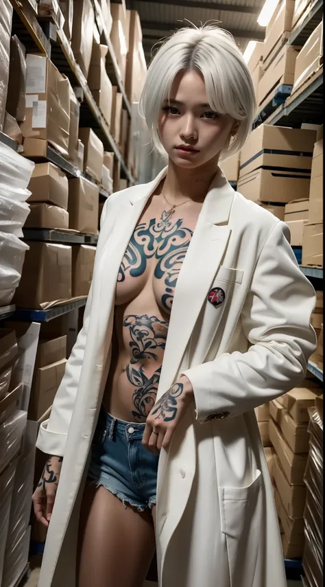 A girl, with oily hair, white suit, white hair, in a huge warehouse, piled with meat, highly real, UHD, chiaroscuro, super detailed, (((tattoo)))