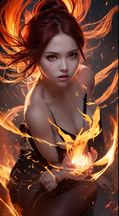 Girl playing with fire, ablaze with intensity, Glowing embers, Swirling smoke, Mesmerizing action, Flowing red hair, sparks flying, Fearless expression, Dark background, Intense lighting, Fiery atmosphere, dynamicposes, Dangerous beauty, Fascinating energy...