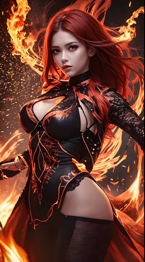 Girl playing with fire, ablaze with intensity, Glowing embers, Swirling smoke, Mesmerizing action, Flowing red hair, sparks flying, Fearless expression, Dark background, Intense lighting, Fiery atmosphere, dynamicposes, Dangerous beauty, Fascinating energy...