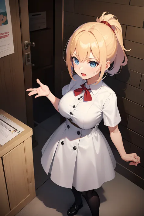 masutepiece: Ruins, Theme characters, girl, Fighting stance, The right cancellation plan, Best Quality （realisticlying，realisticlying：1.37）Girls short blonde hair, Blue eyes, White shirt with all buttons closed office, Bigibrest, Big Tits, School uniform, ...