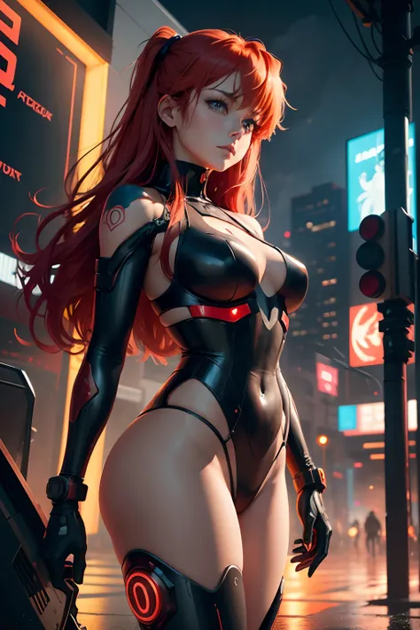 Asuka Langley,20s/30s, vibrant red hair, striking blue eyes, beautiful detailed eyes, beautiful detailed lips, confident expression, wearing an adult version of the Evangelion cut-out body suit, form-fitting and revealing, showcasing her feminine curves, l...